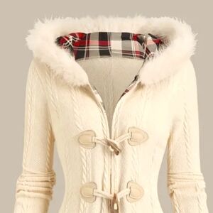 Cardigan Sweater Shacket Faux Fur Cuffs, Hood, Plaid, Cream Off White NWOT plus